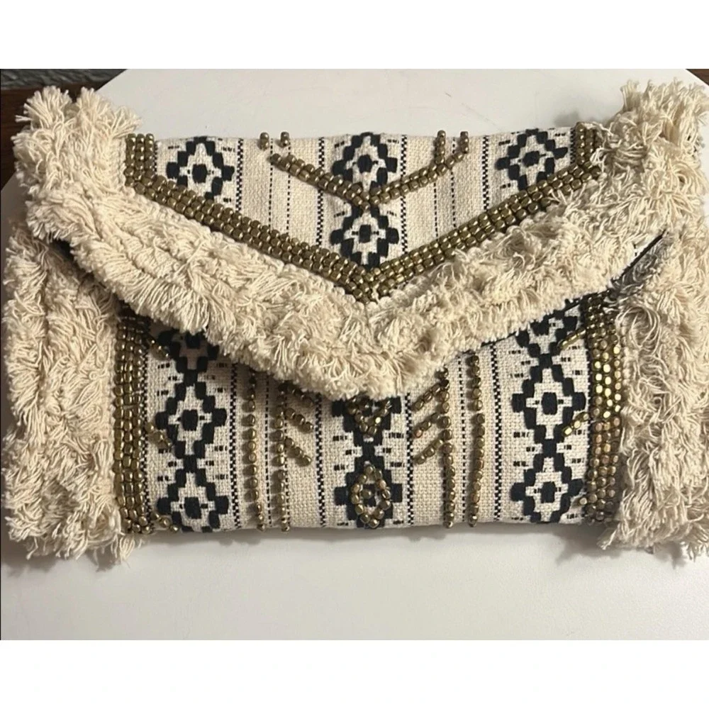 Antik Kraft Beaded Fringe Boho Clutch Crossbody Bag Tribal Woven Festival - Picture 3 of 9